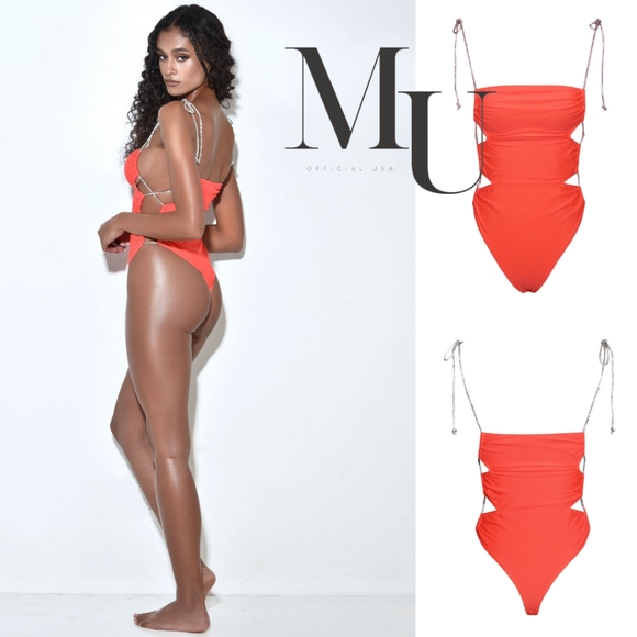 🧡Beverly Orange Red Crystal Lace Up One Piece Swimsuit - Picture 9 of 14